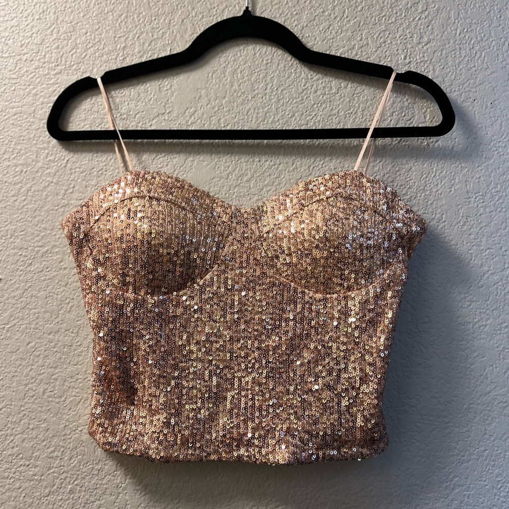 Lily Light Coral Gold Sequin Bustier Crop Top